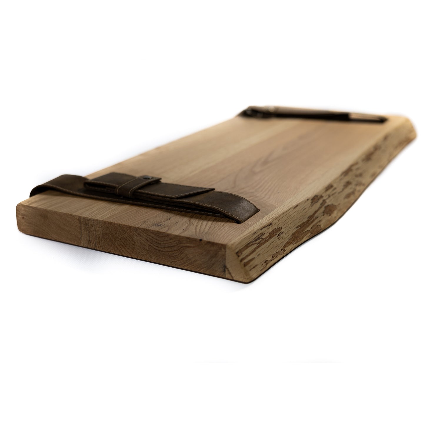 Wooden rustic shelf with a black handle on a white background