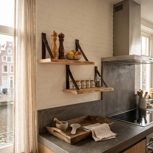 Wall Shelf with Leather Straps — Warm Natural