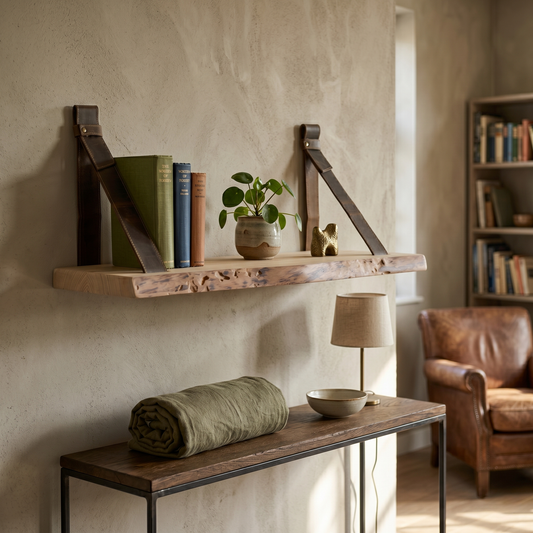 Wall Shelf with Leather Straps — Tobacco