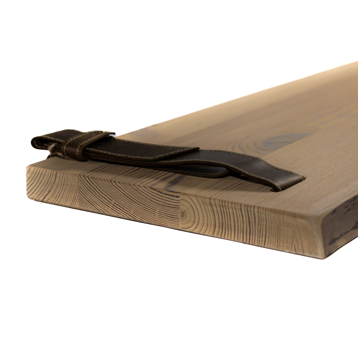 Close-up of ash pine wood grain and genuine leather straps