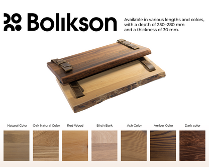 Wooden shelves with color swatches and Bolikson branding