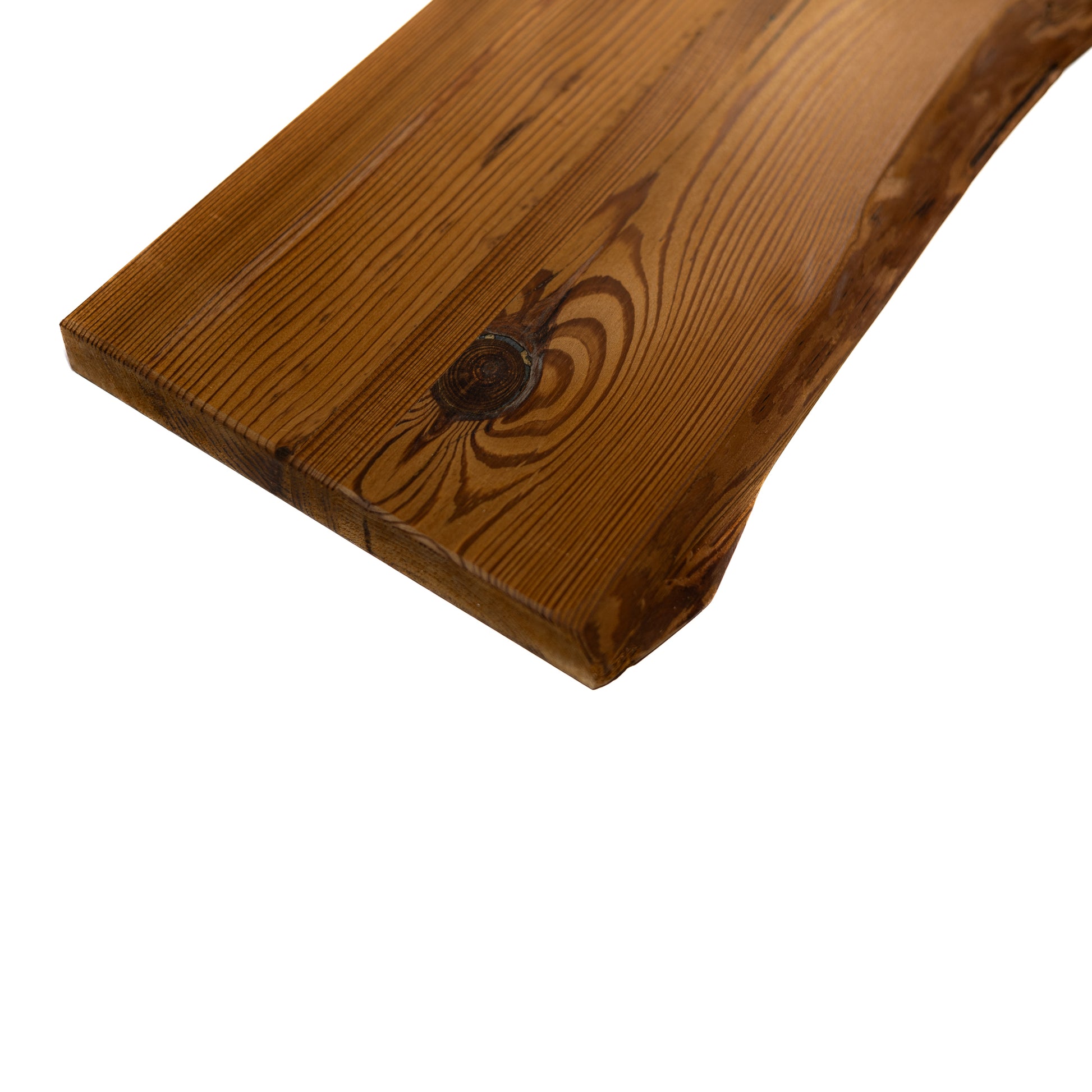 Amber pine live edge shelf displaying relief and texture