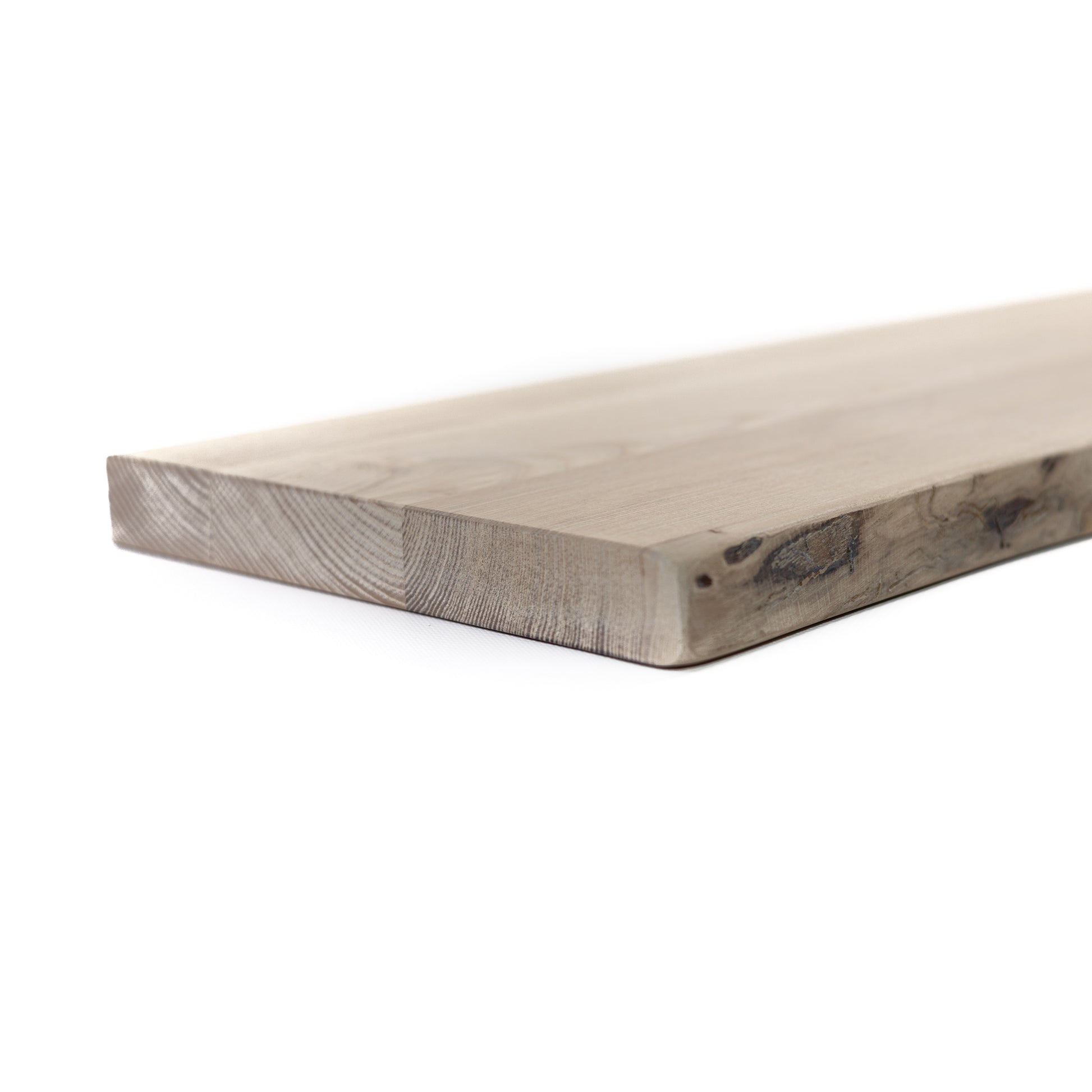 Wooden floating shelf with a natural finish on a white background