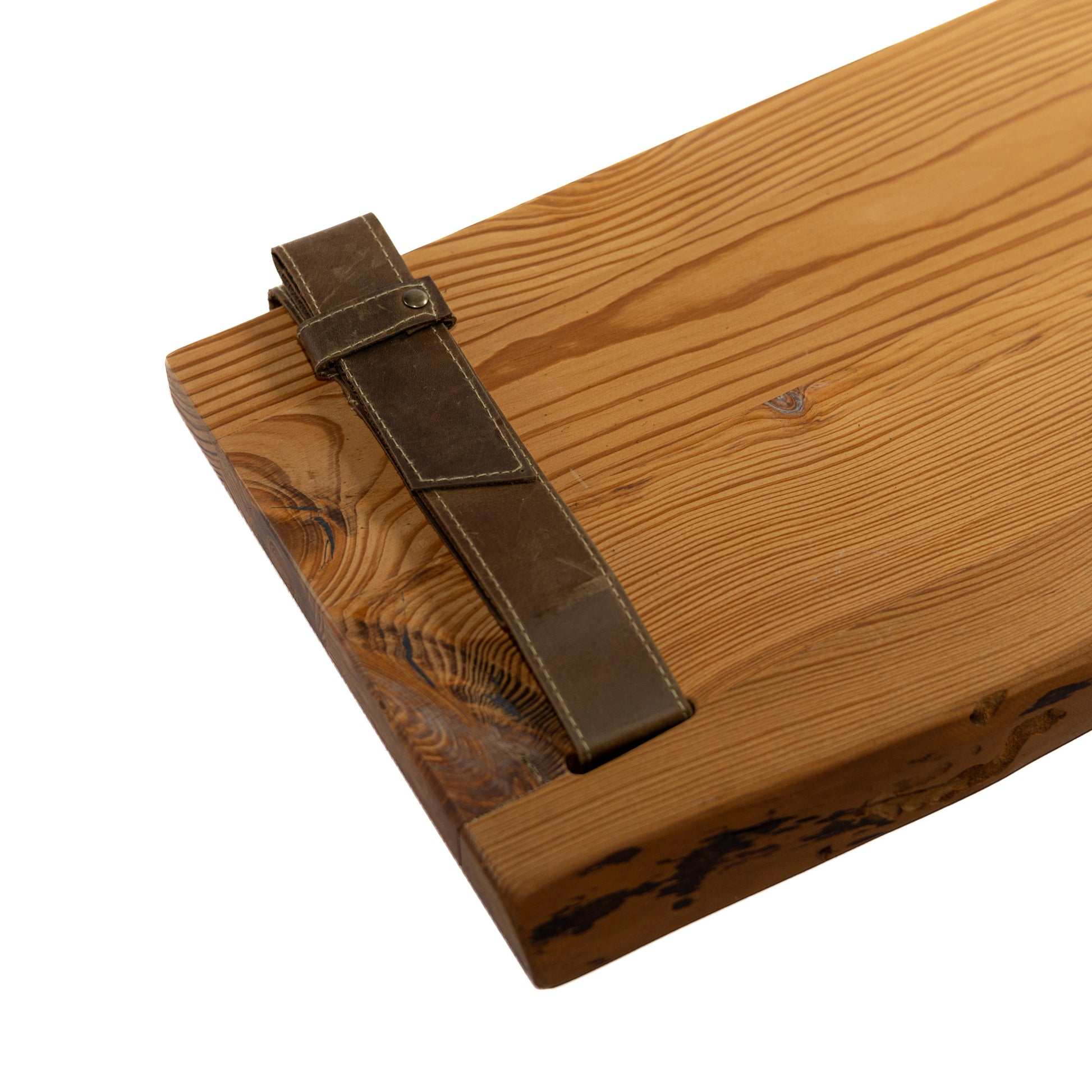 Amber wooden shelf with leather straps