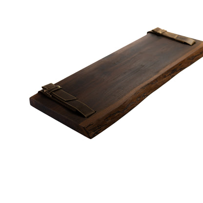 Wooden rustic shelf with a handle on a white background