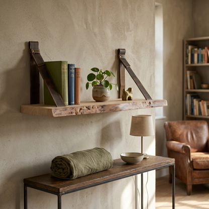Wall Shelf with Leather Straps — Tobacco